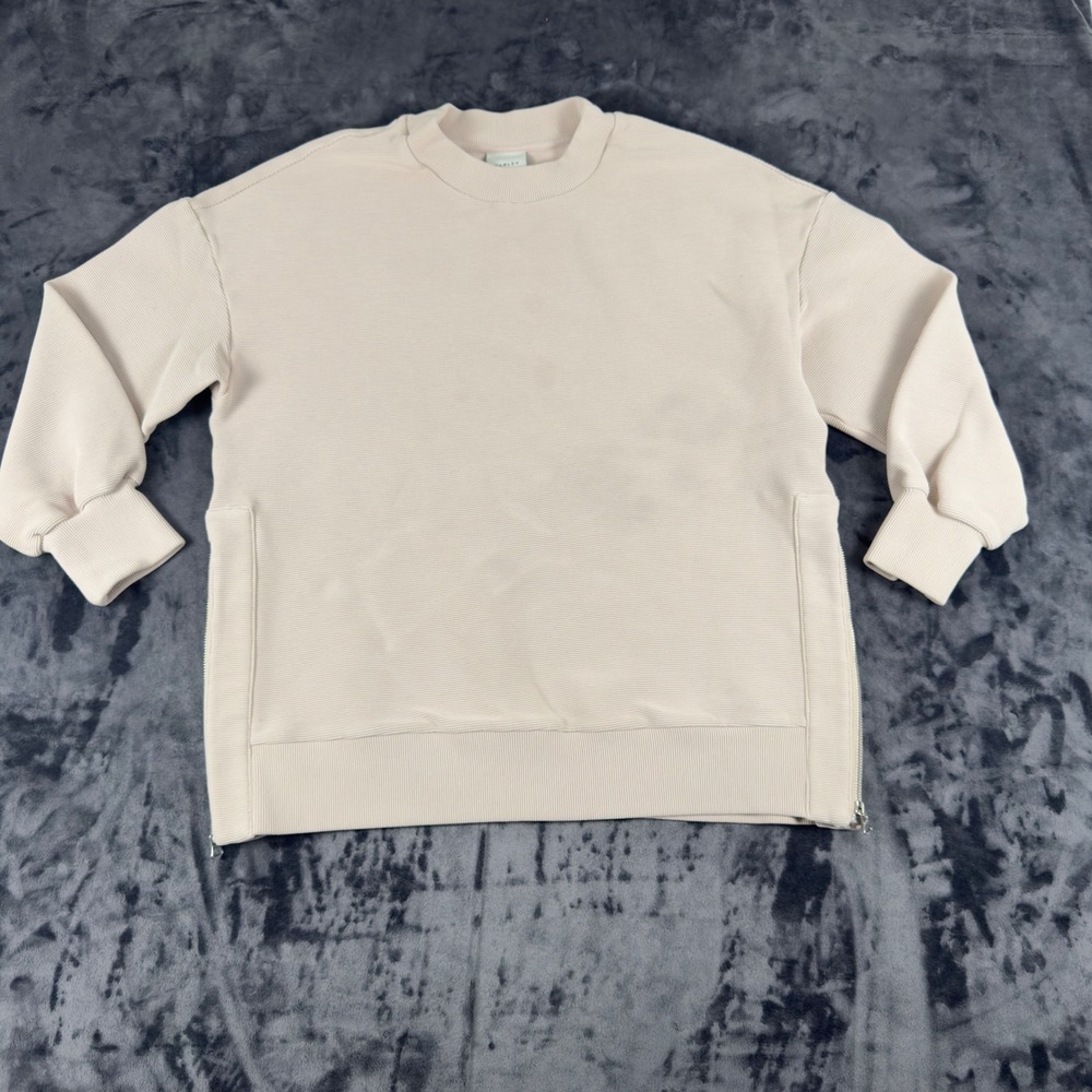 Varley Sweatshirt Womens Small Beige Ribbed Side Zip Pullover Crewneck 4402